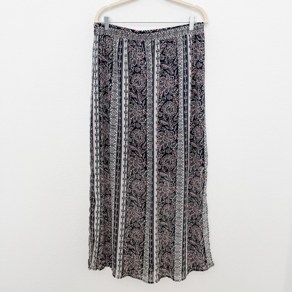 Womens Boho Maxi Skirt Size‎ L Navy Pink Floral Stripe Cottagecore Flowy Indie